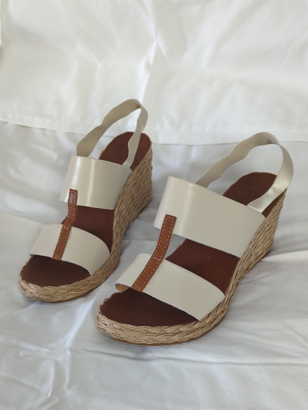 OluKai Lile Wedge Sandals Leather Espadrille | Cream/Tan | Size 10 Run Small